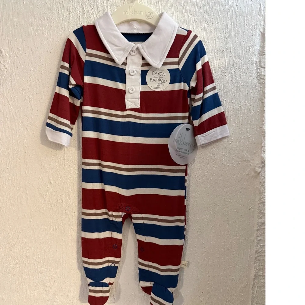 Milkberry Bamboo Rayon Striped Polo Footed Romper Red Blue White 0-3M NWT